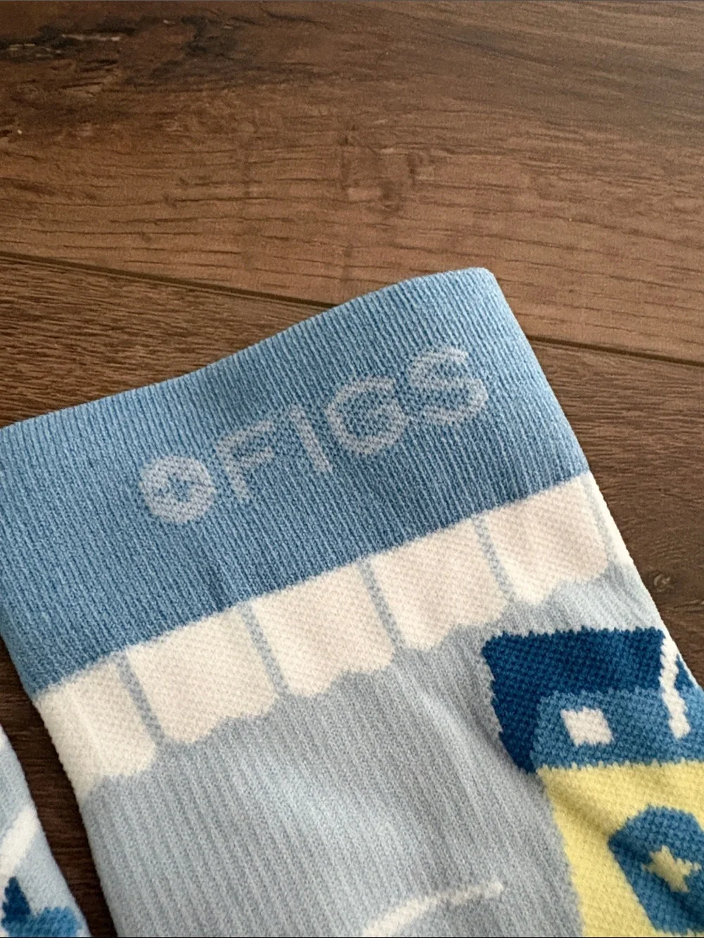 Figs Light Blue Crew Socks with Dental Care Print- New without tags
